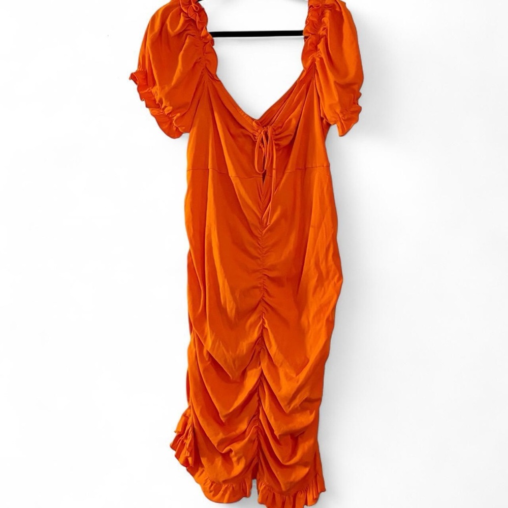 SHEIN Orange Ruched Puff Sleeve Bodycon Midi Dress
